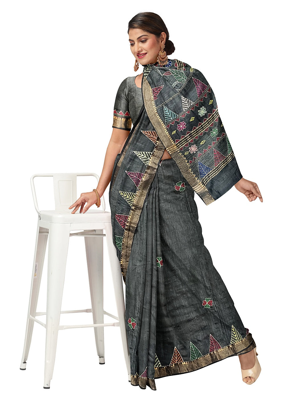 Floral, Hand Embroidered Sujani Saree on Tussar Munga Silk